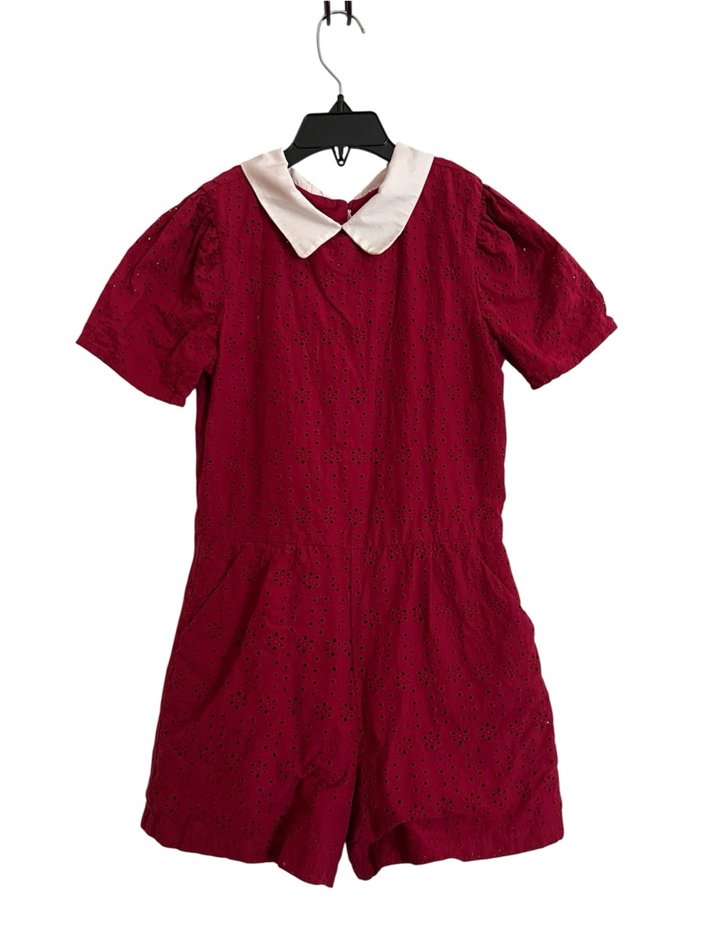 Janie and Jack Burgundy Eyelet Romper with White Peter Pan Collar